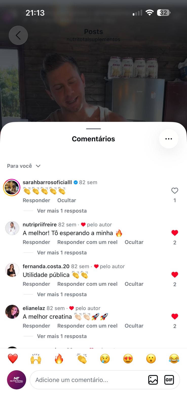 Print de comentários sobre creatina